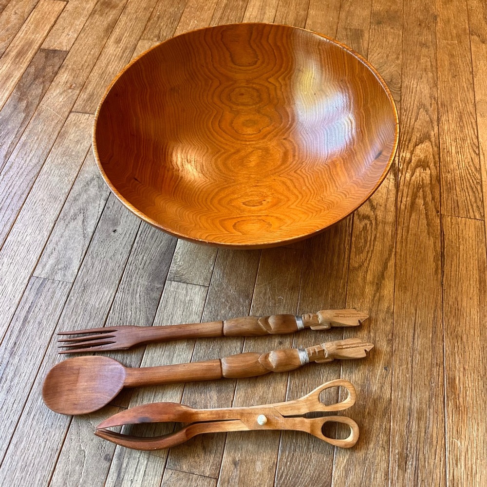 Handmade Tribal Wooden Salad Bowl Utensils Hand Carved African Figures Vintage